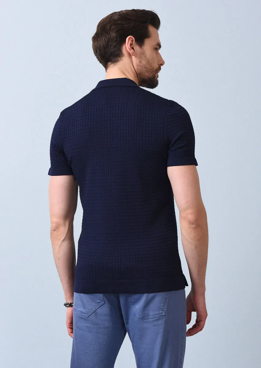 Lacivert Polo Yaka Jakarlı Triko - 5