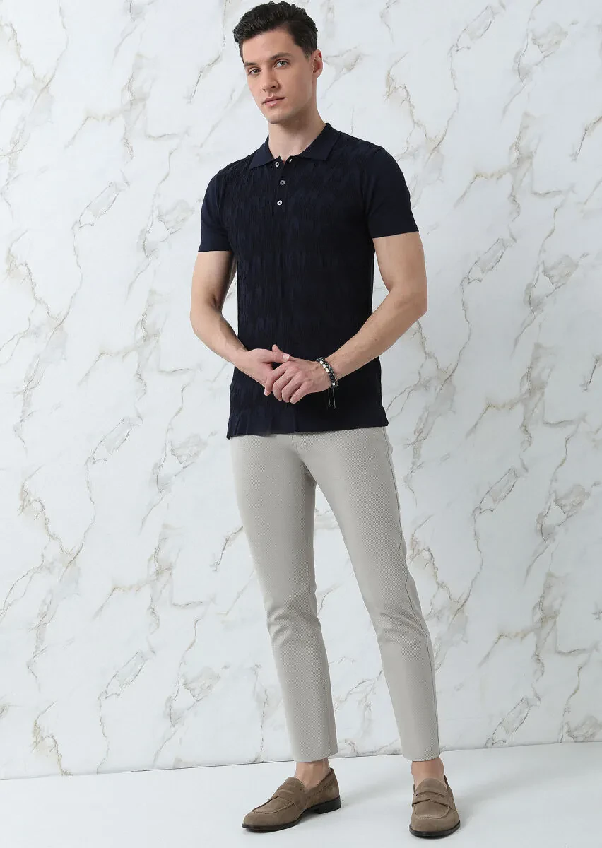 Lacivert Polo Yaka Jakarlı Triko - 2