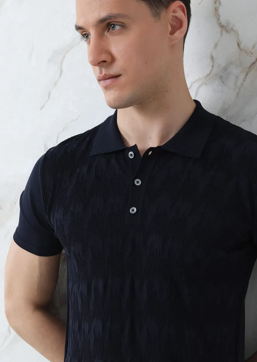 Lacivert Polo Yaka Jakarlı Triko - 3