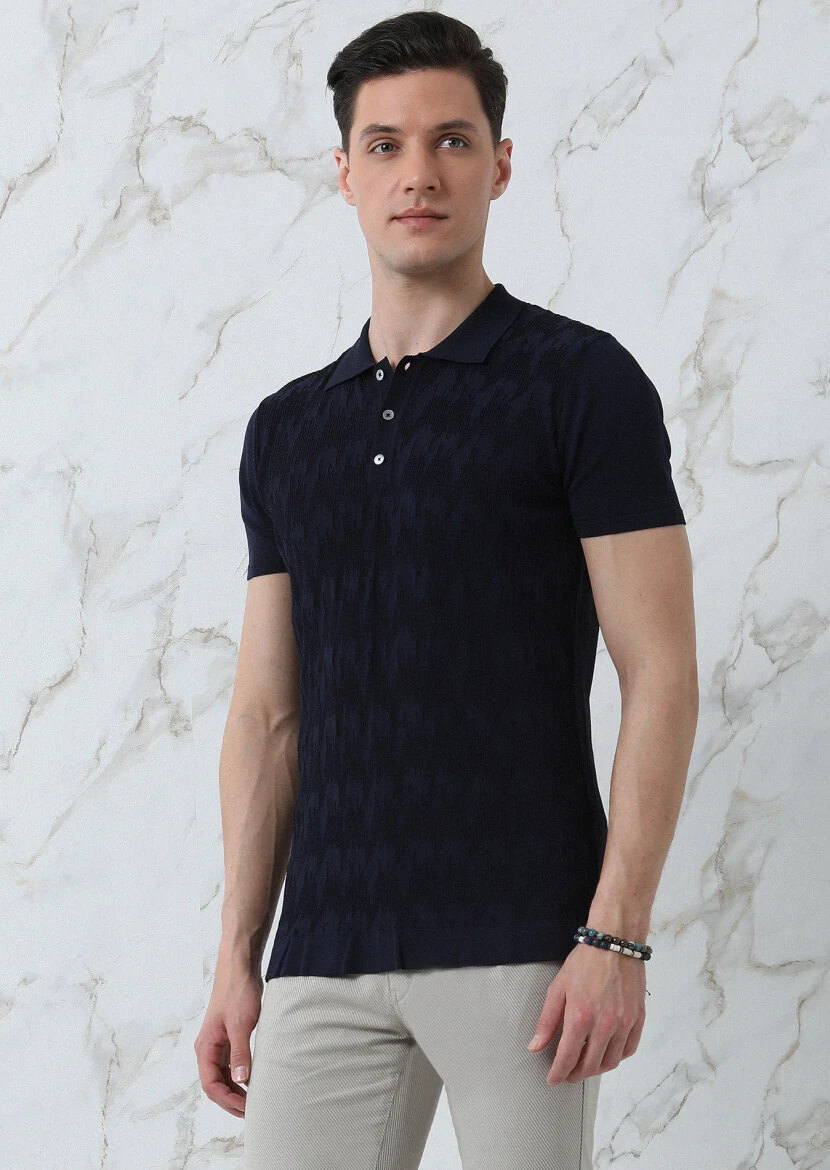 Lacivert Polo Yaka Jakarlı Triko - 4