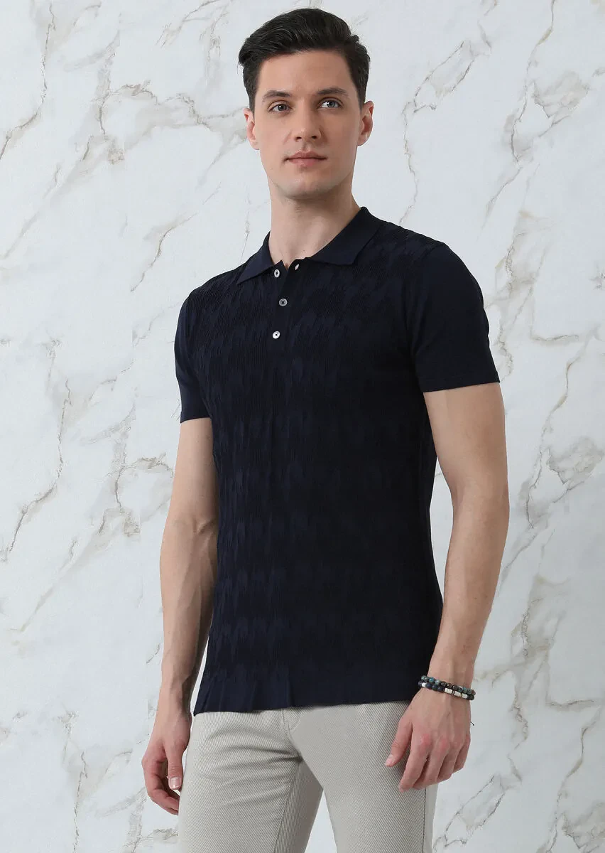 Lacivert Polo Yaka Jakarlı Triko - 4