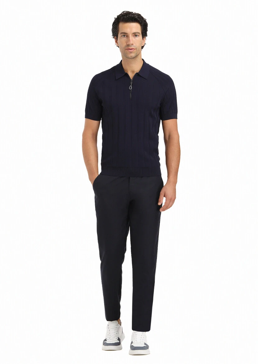 Lacivert Polo Yaka Jakarlı Triko - 1