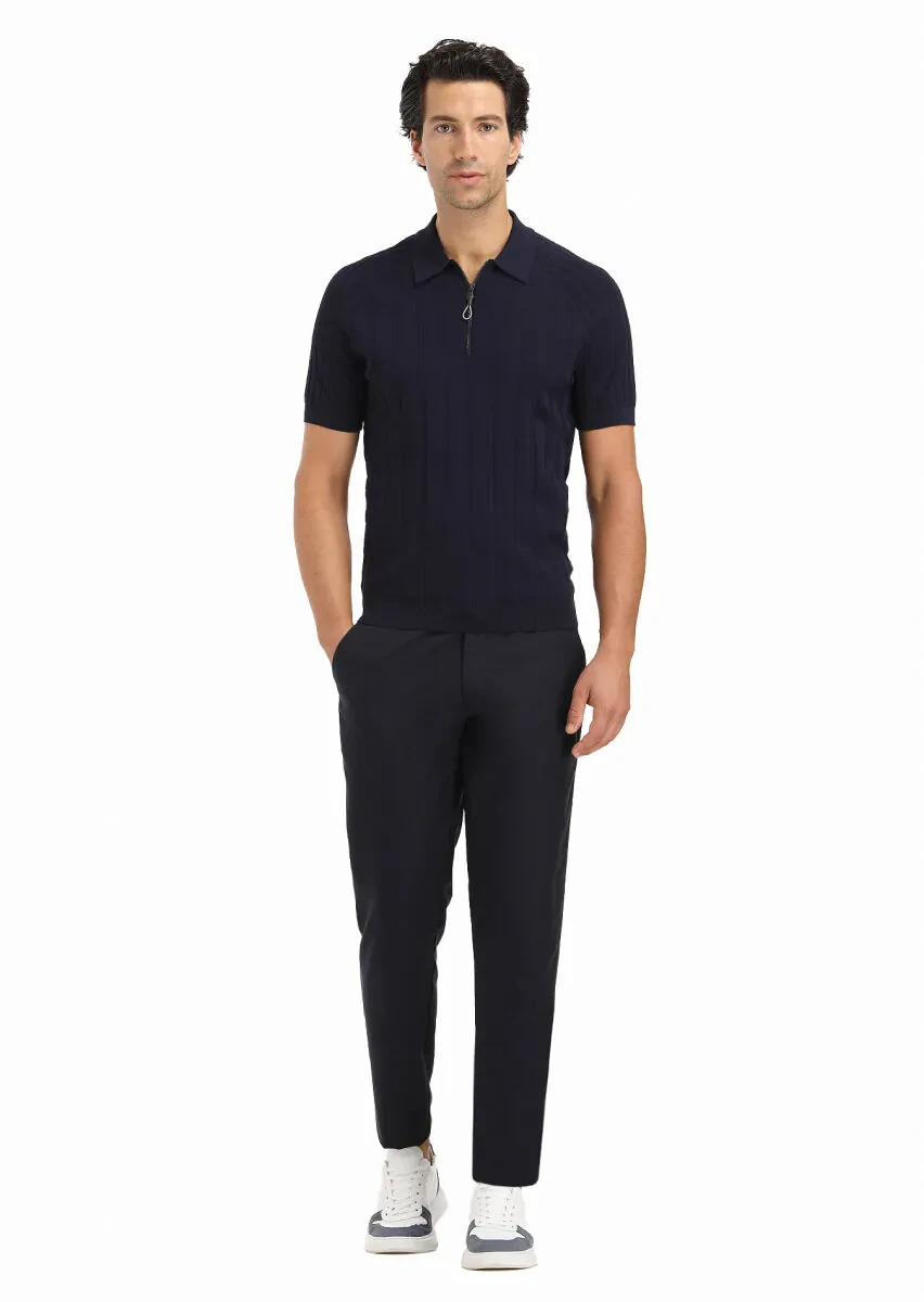 Lacivert Polo Yaka Jakarlı Triko - 1