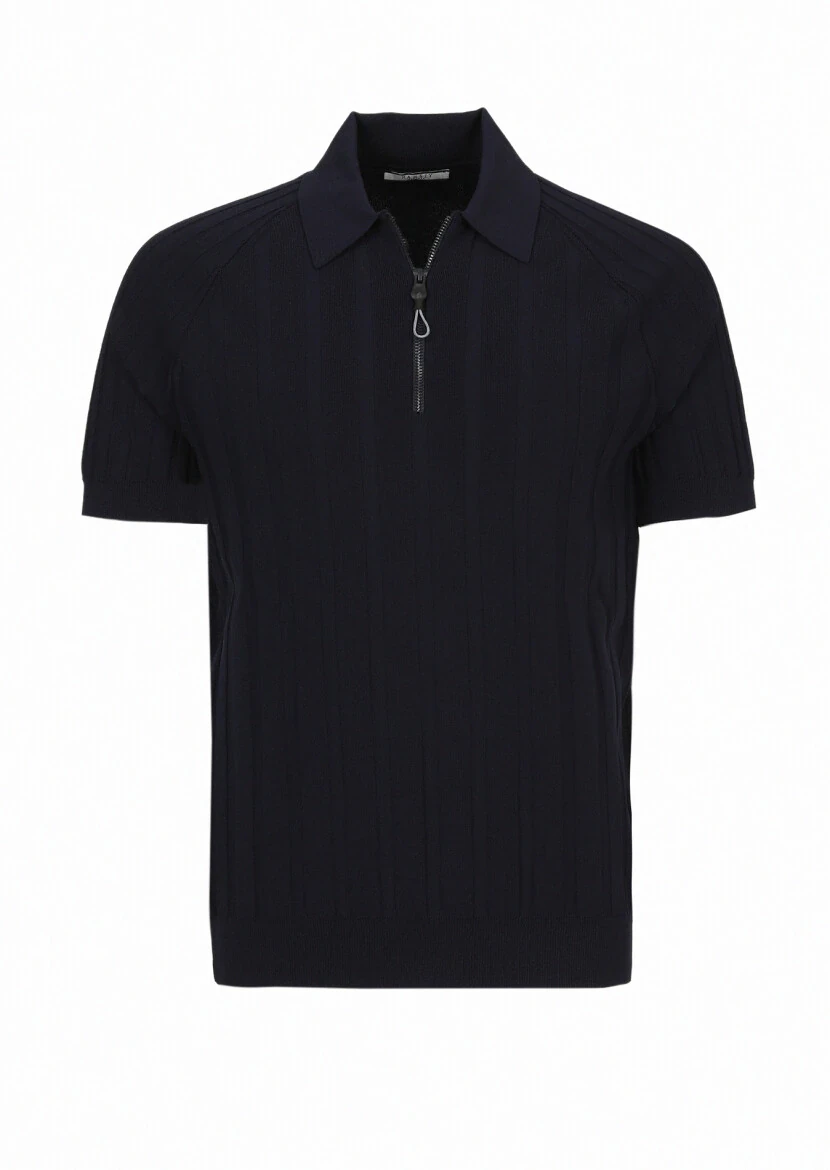 Lacivert Polo Yaka Jakarlı Triko - 5