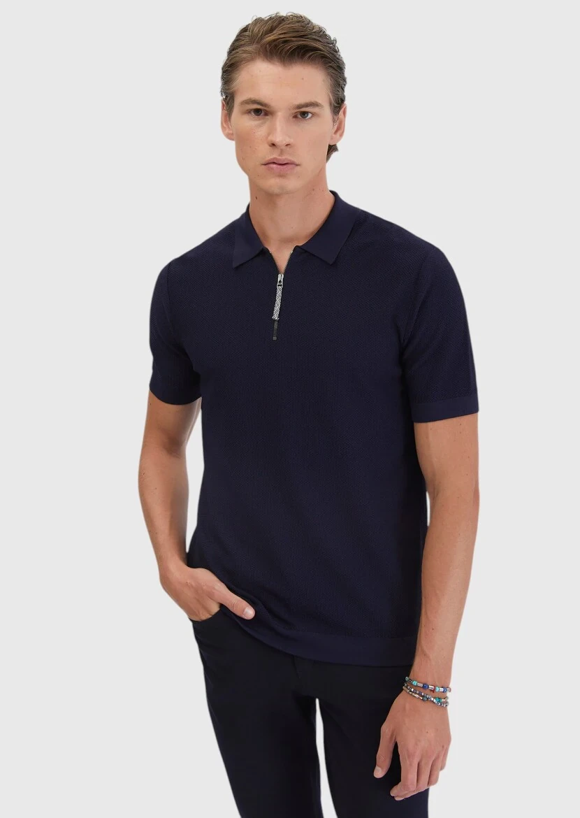 Lacivert Polo Yaka Jakarlı Triko - 1