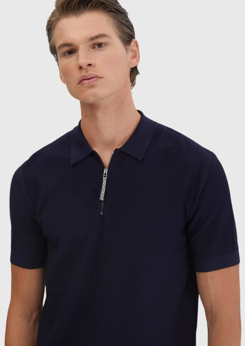 Lacivert Polo Yaka Jakarlı Triko - 4