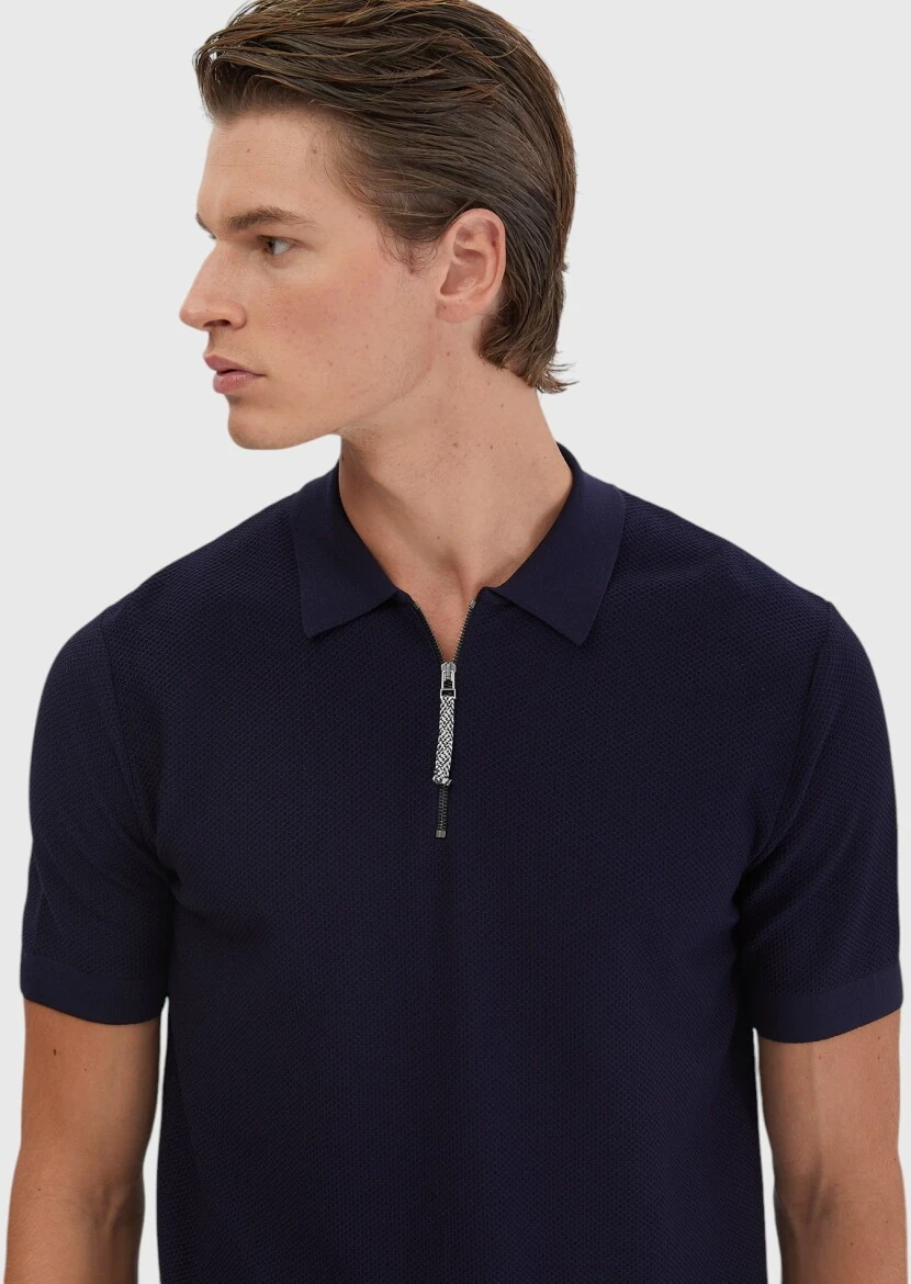 Lacivert Polo Yaka Jakarlı Triko - 5