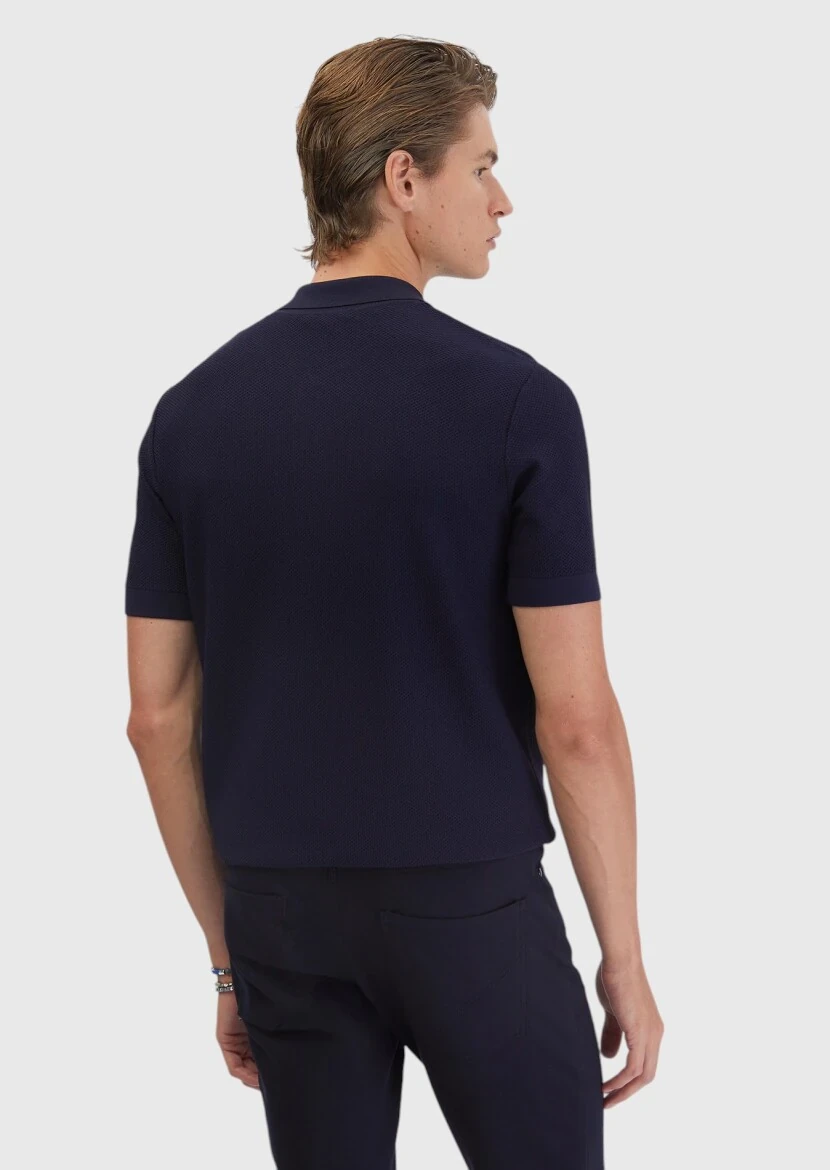 Lacivert Polo Yaka Jakarlı Triko - 7