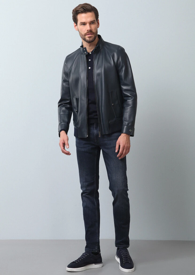 Lacivert Regular Fit Casual Deri Deri Mont - 2