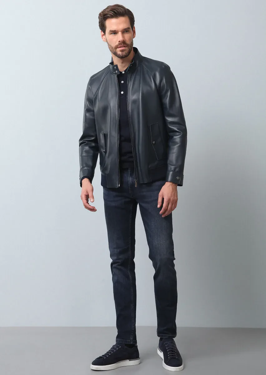 Lacivert Regular Fit Casual Deri Deri Mont - 2