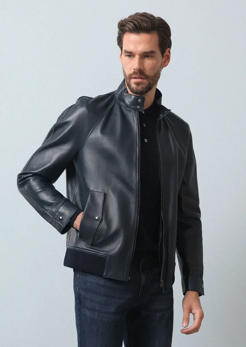 Lacivert Regular Fit Casual Deri Deri Mont - 3