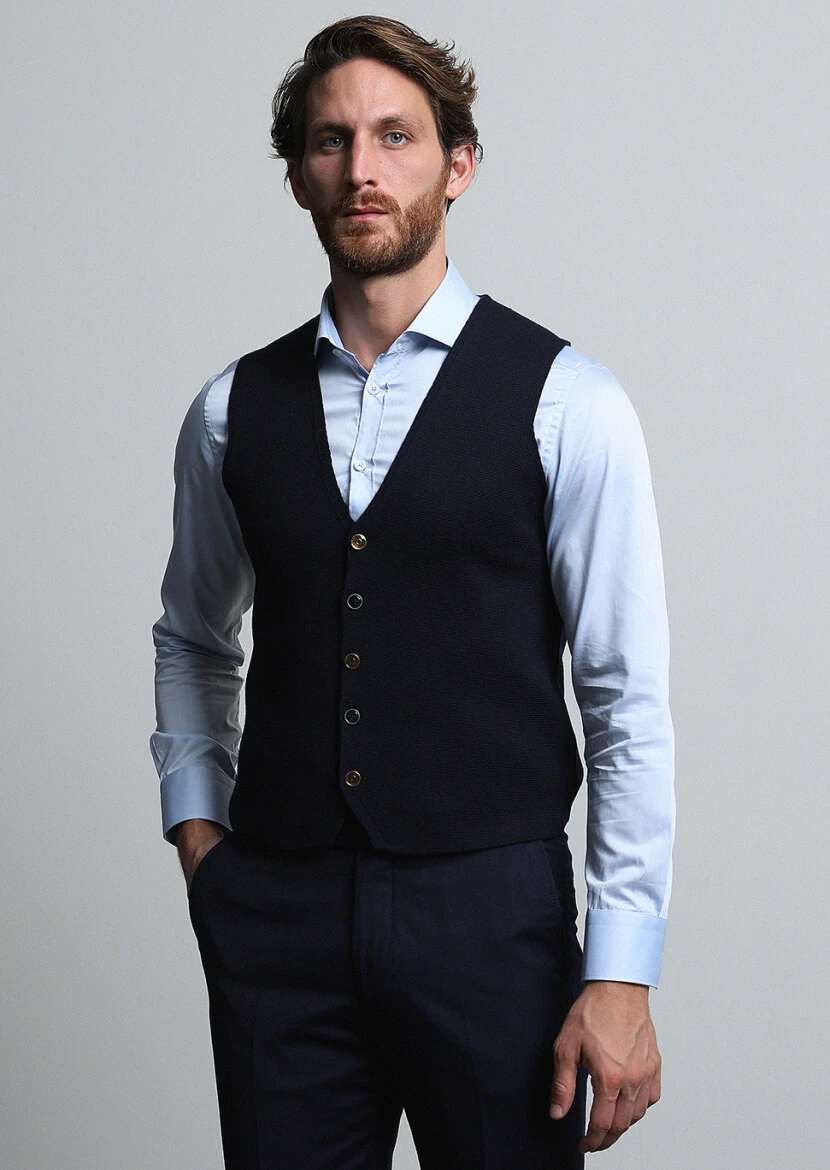 Lacivert Regular Fit Casual Örme Triko Yelek 