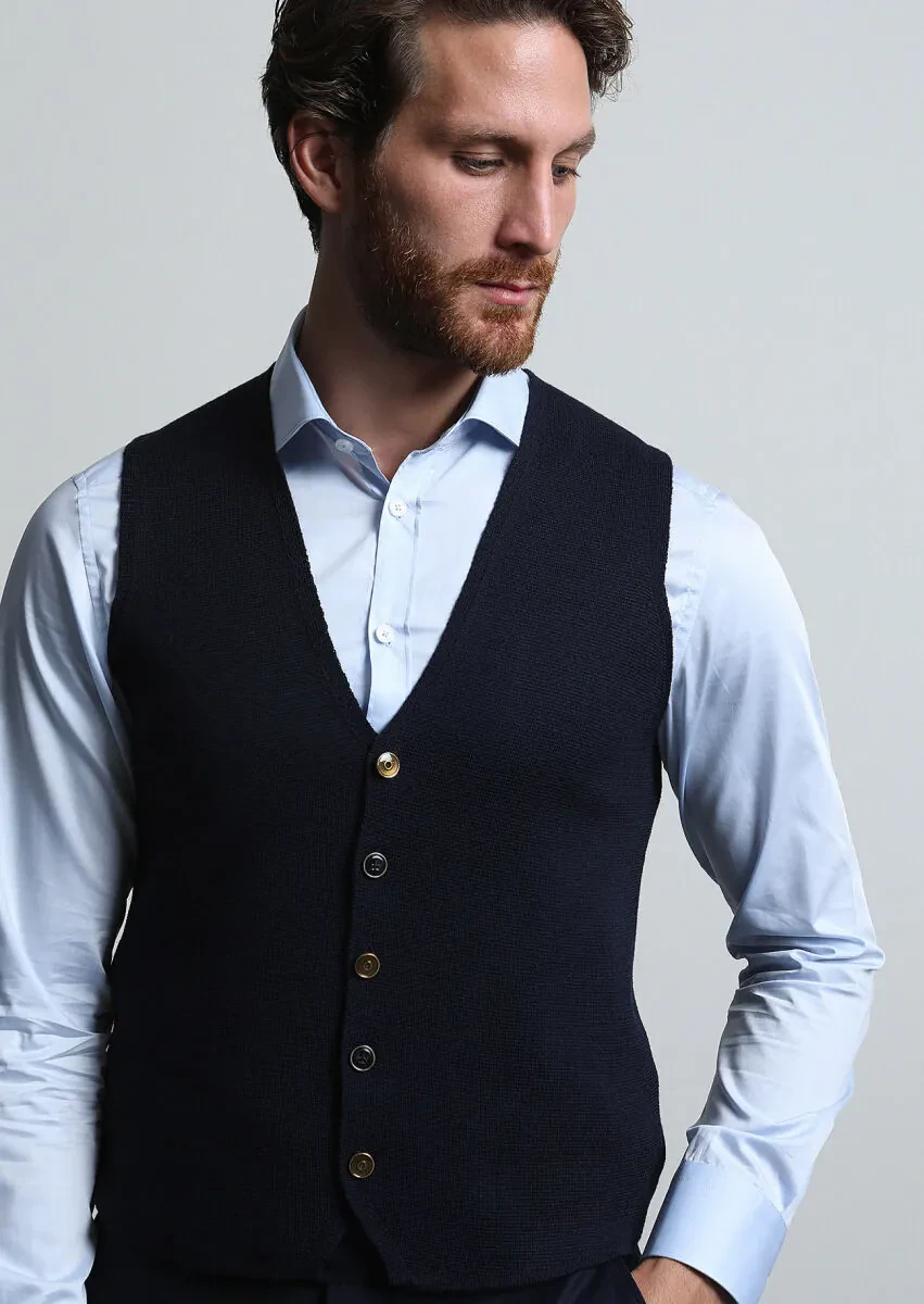 Lacivert Regular Fit Casual Örme Triko Yelek - 4