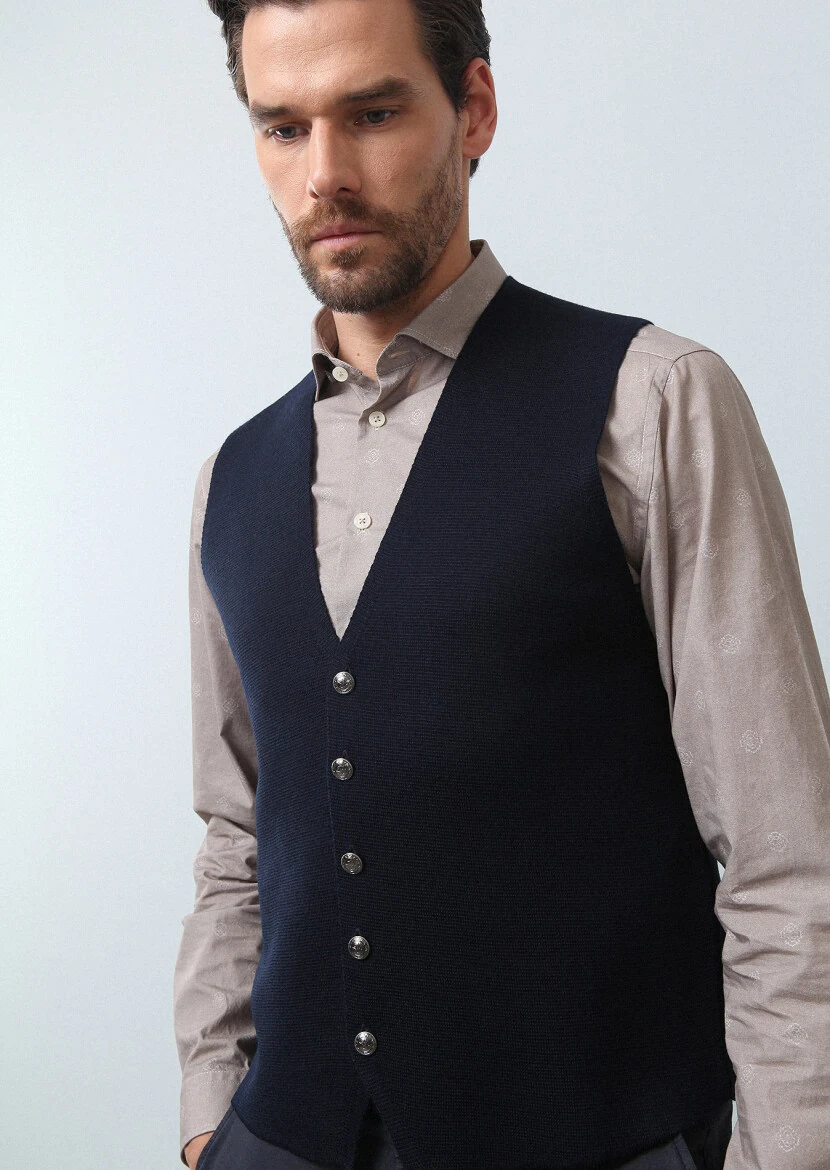 Lacivert Regular Fit Casual Örme Triko Yelek - 4