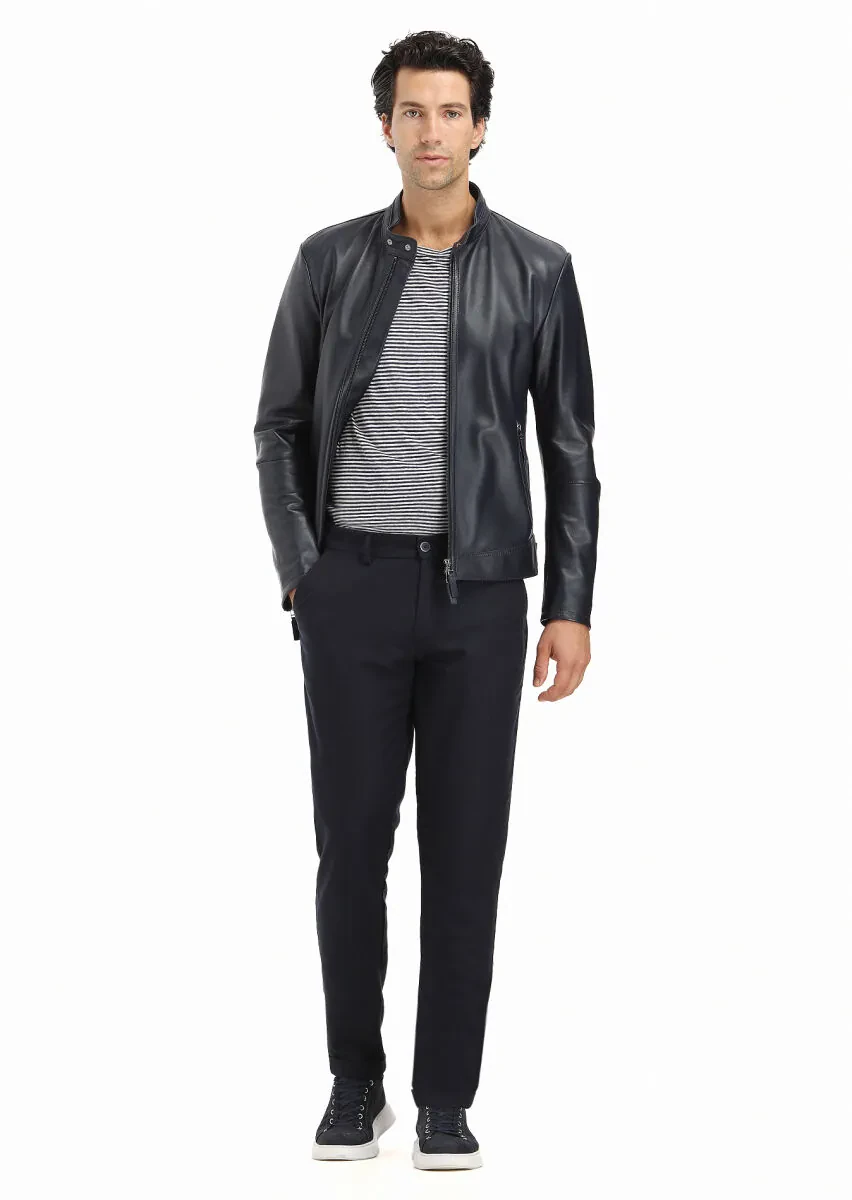 Lacivert Regular Fit Dik Yaka Casual Deri Deri Mont - 1