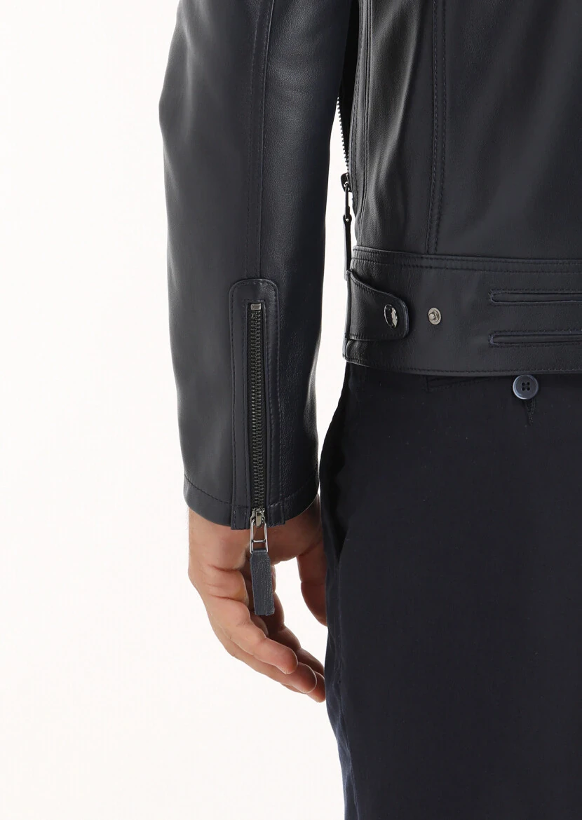 Lacivert Regular Fit Dik Yaka Casual Deri Deri Mont - 5