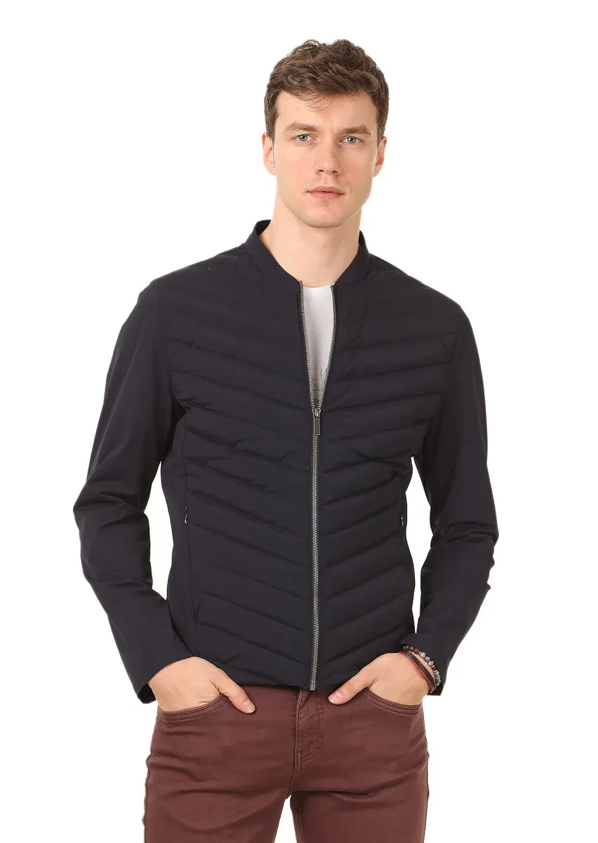 Lacivert Regular Fit Dik Yaka Casual Dokuma Mont - 1