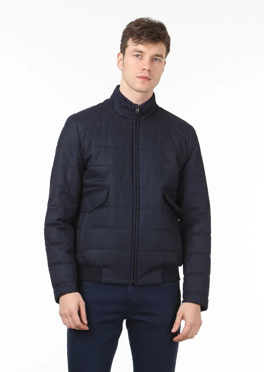 Lacivert Regular Fit Dik Yaka Casual Dokuma Mont - 1