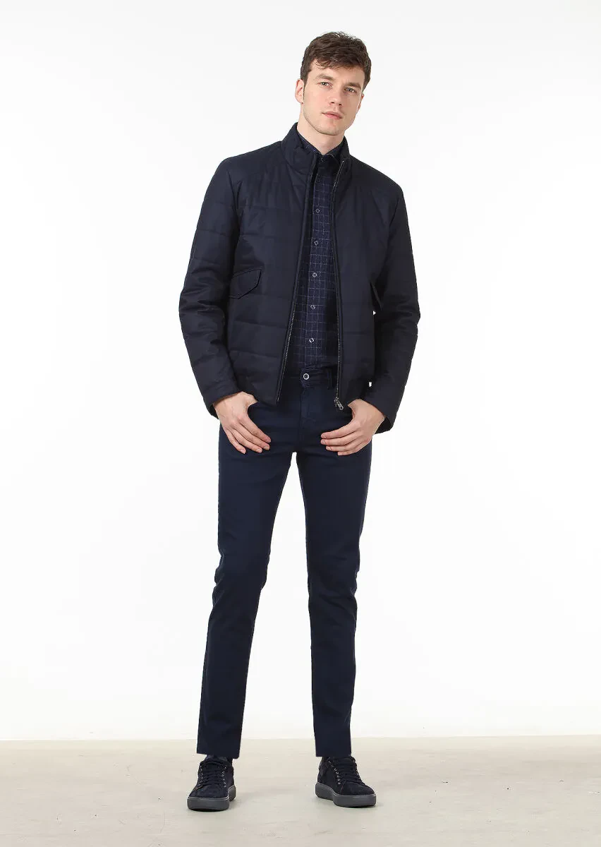 Lacivert Regular Fit Dik Yaka Casual Dokuma Mont - 3