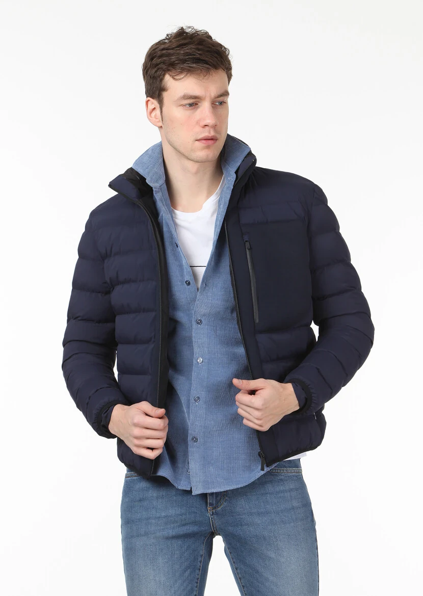 Lacivert Regular Fit Dik Yaka Casual Dokuma Mont - 1