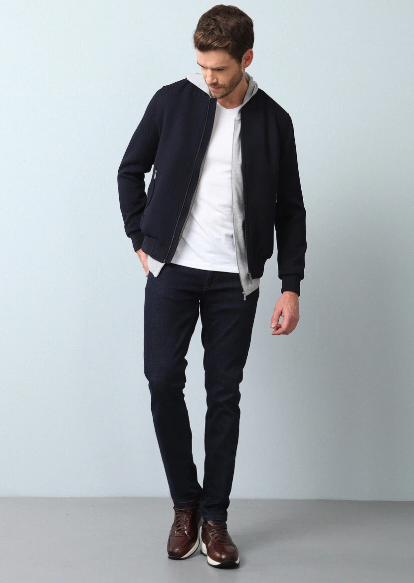 Lacivert Regular Fit Dik Yaka Casual Dokuma Mont - 1