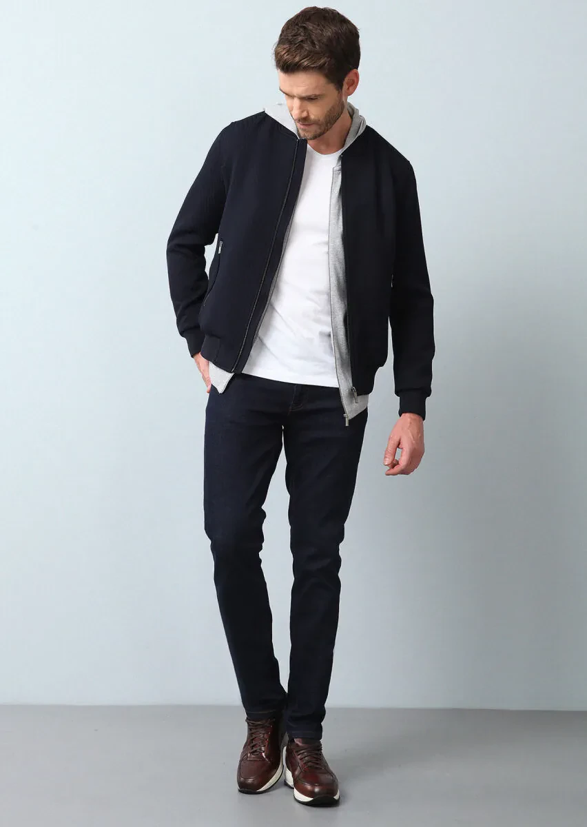 Lacivert Regular Fit Dik Yaka Casual Dokuma Mont - 1