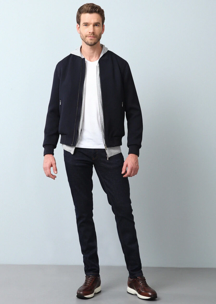 Lacivert Regular Fit Dik Yaka Casual Dokuma Mont - 4