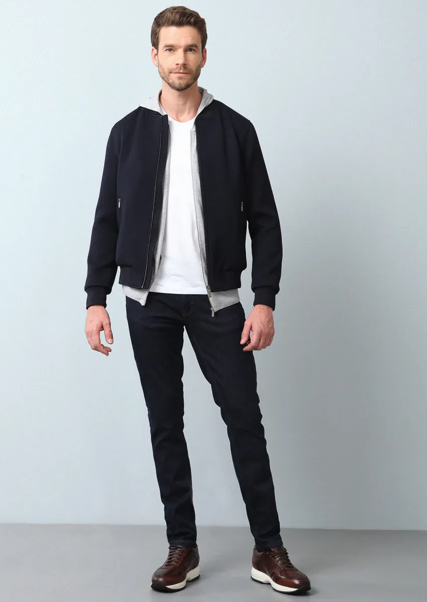 Lacivert Regular Fit Dik Yaka Casual Dokuma Mont - 4