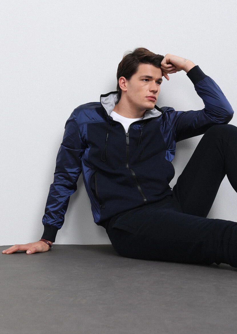 Lacivert Regular Fit Dik Yaka Casual Dokuma Mont 