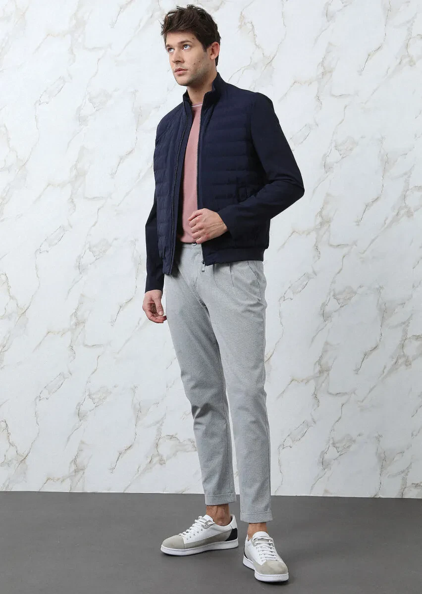 Lacivert Regular Fit Dik Yaka Casual Dokuma Mont - 1