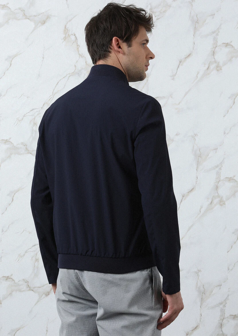 Lacivert Regular Fit Dik Yaka Casual Dokuma Mont - 5