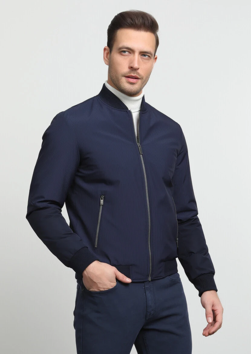 Lacivert Regular Fit Dik Yaka Casual Dokuma Mont - 3