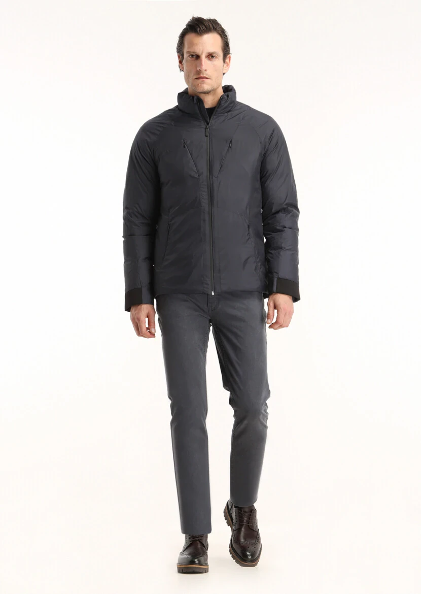 Lacivert Regular Fit Dik Yaka Casual Dokuma Mont - 1