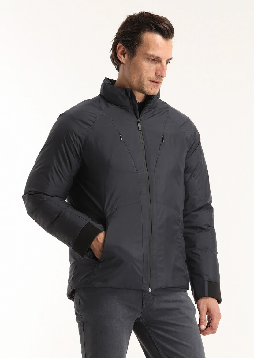 Lacivert Regular Fit Dik Yaka Casual Dokuma Mont 