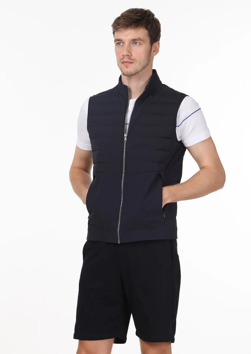 Lacivert Regular Fit Dik Yaka Casual Dokuma Spor Yelek - 1