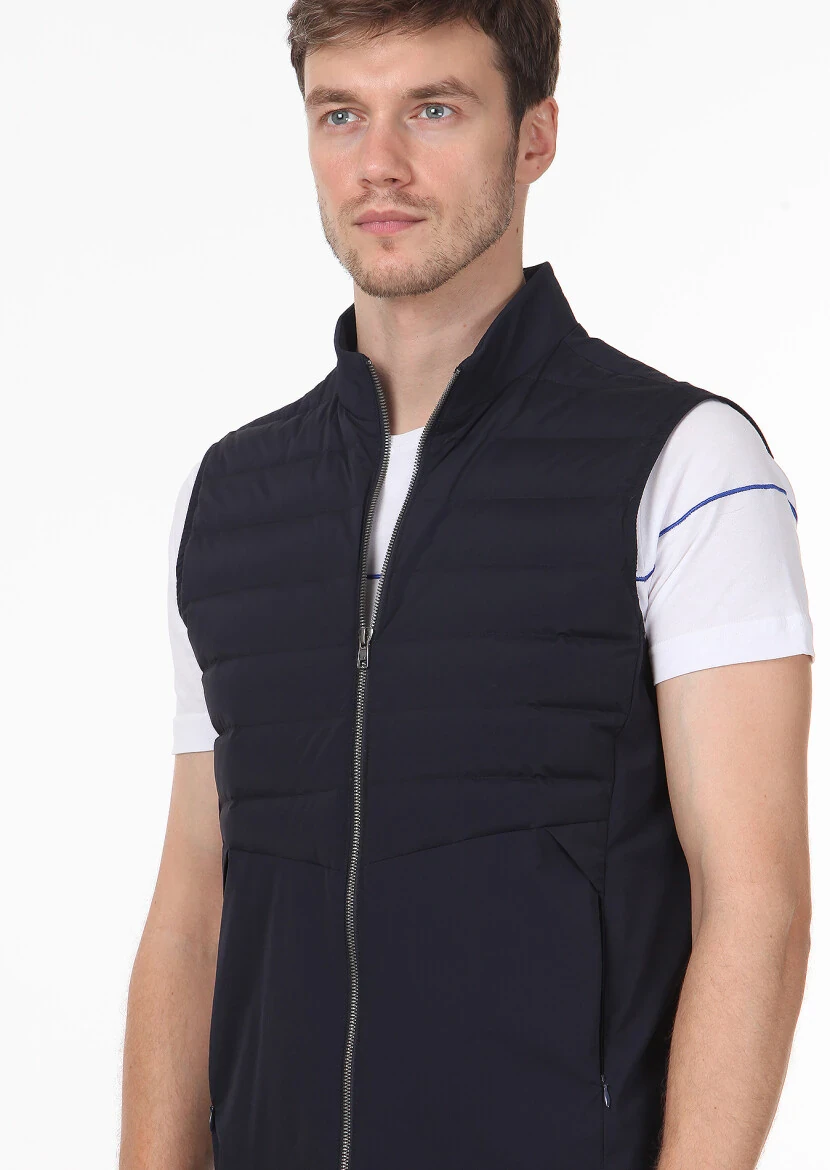 Lacivert Regular Fit Dik Yaka Casual Dokuma Spor Yelek - 2