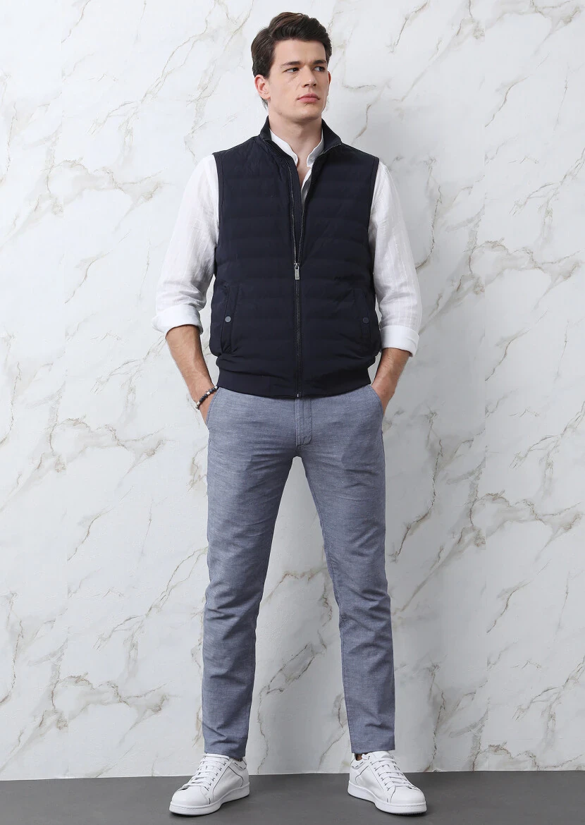 Lacivert Regular Fit Dik Yaka Casual Dokuma Spor Yelek - 3