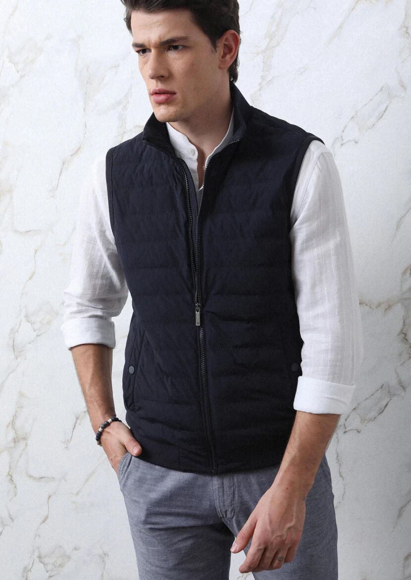 Lacivert Regular Fit Dik Yaka Casual Dokuma Spor Yelek - 4