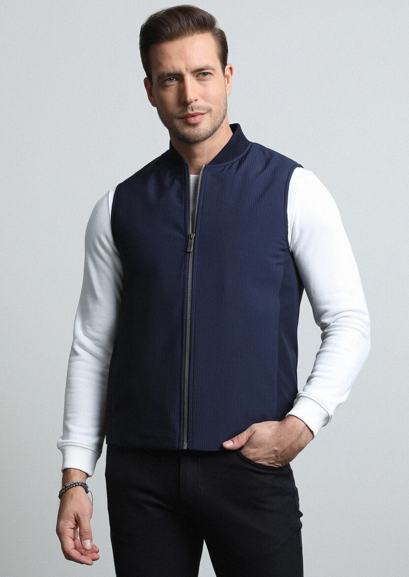 Lacivert Regular Fit Dik Yaka Casual Dokuma Spor Yelek - 1