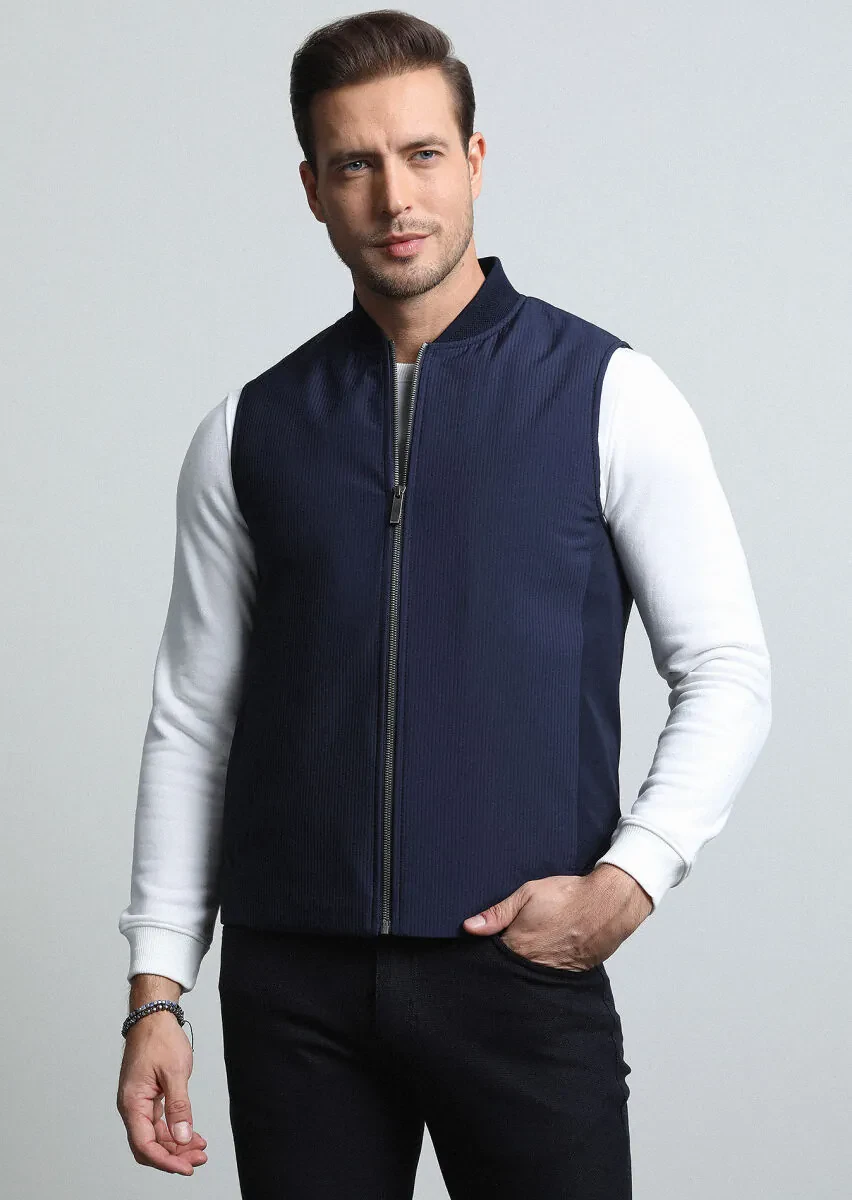 Lacivert Regular Fit Dik Yaka Casual Dokuma Spor Yelek - 1