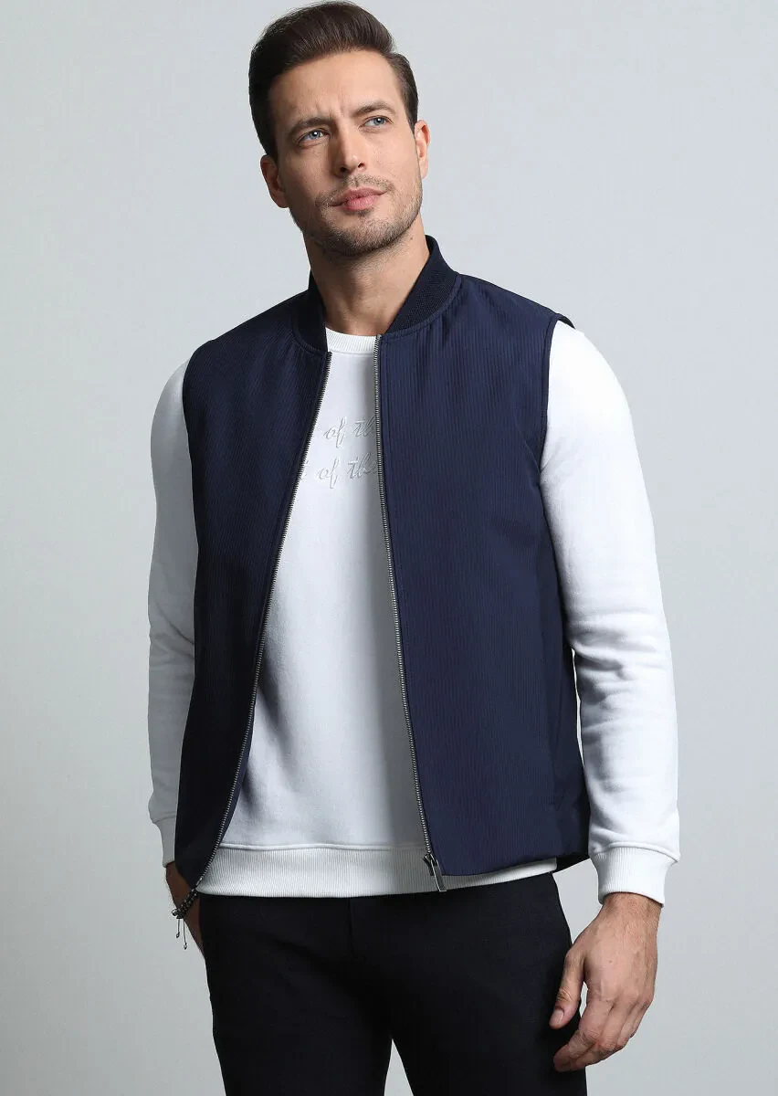 Lacivert Regular Fit Dik Yaka Casual Dokuma Spor Yelek - 2