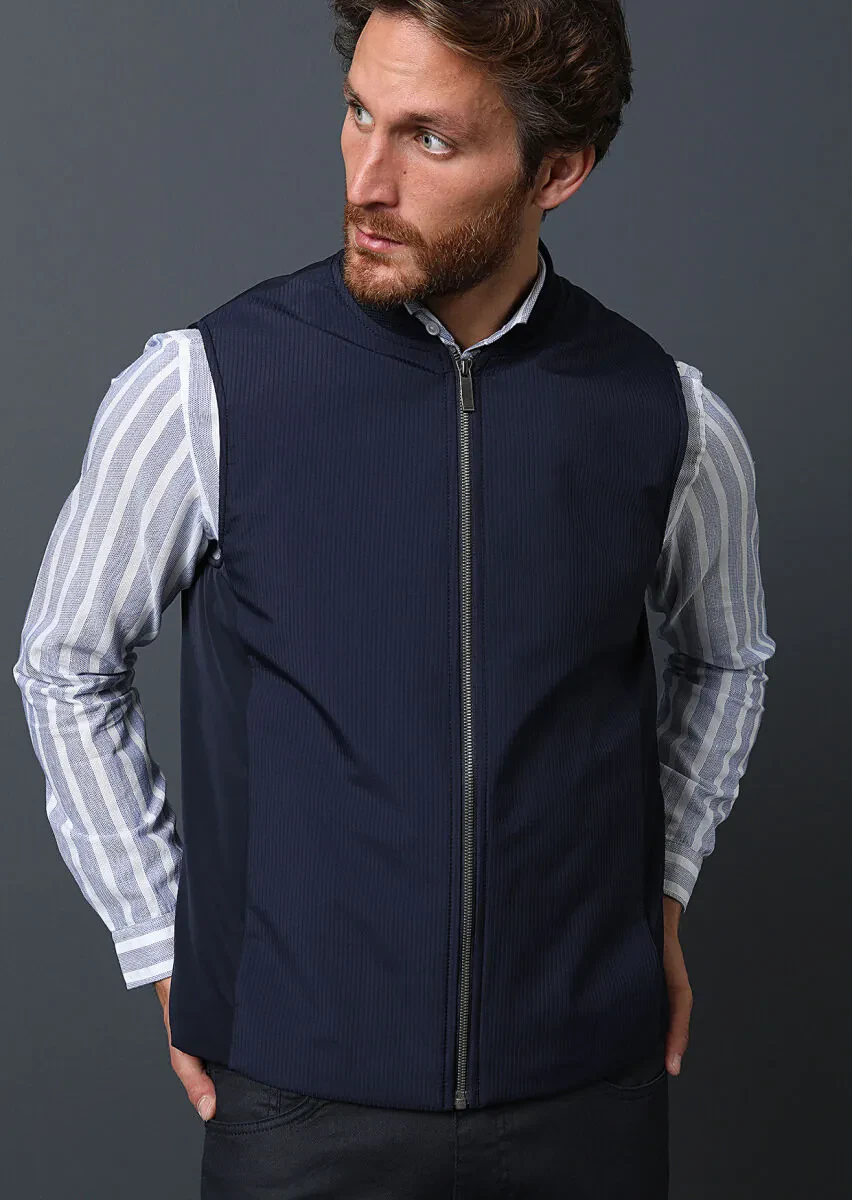 Lacivert Regular Fit Dik Yaka Casual Dokuma Spor Yelek - 3