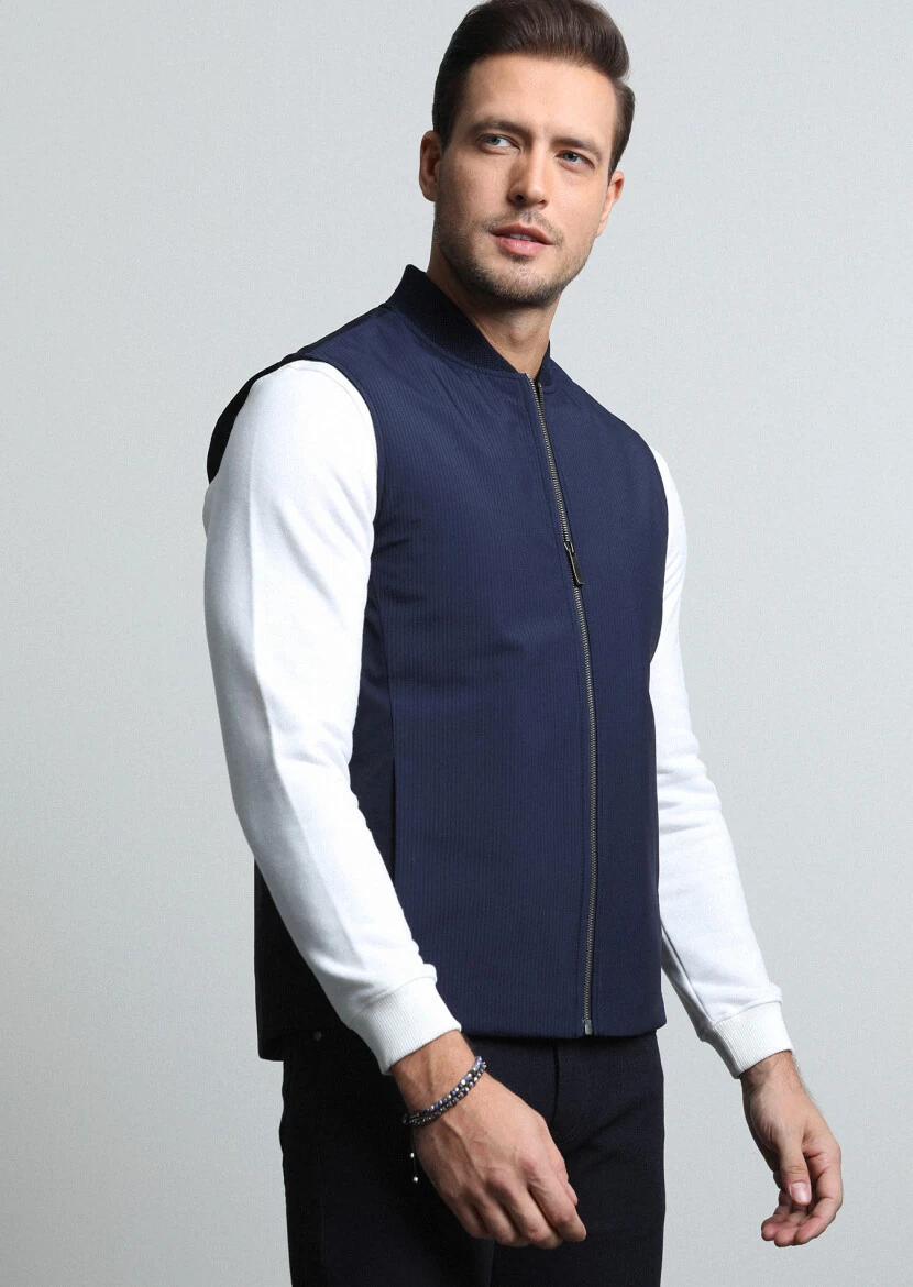 Lacivert Regular Fit Dik Yaka Casual Dokuma Spor Yelek - 4