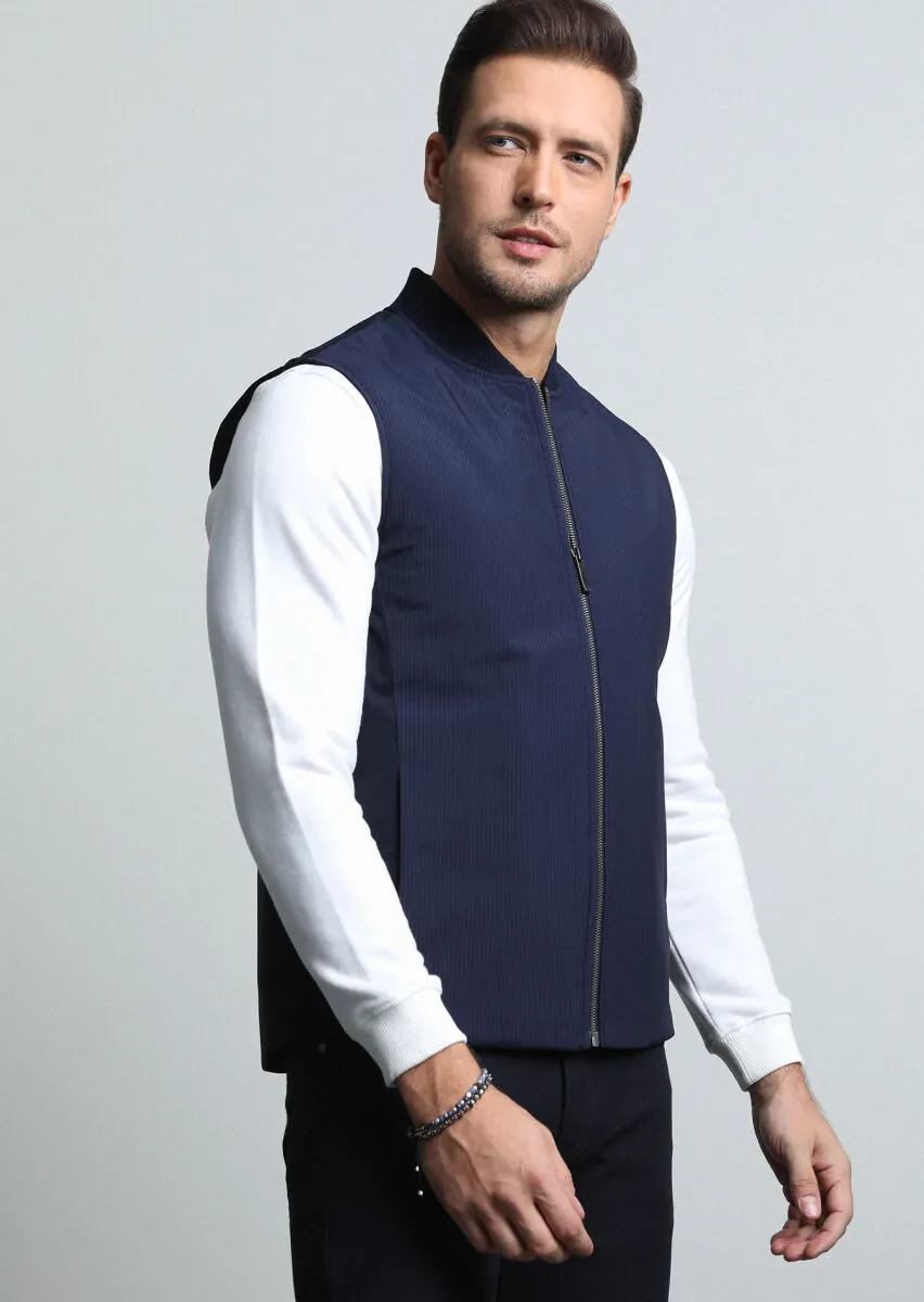 Lacivert Regular Fit Dik Yaka Casual Dokuma Spor Yelek - 4