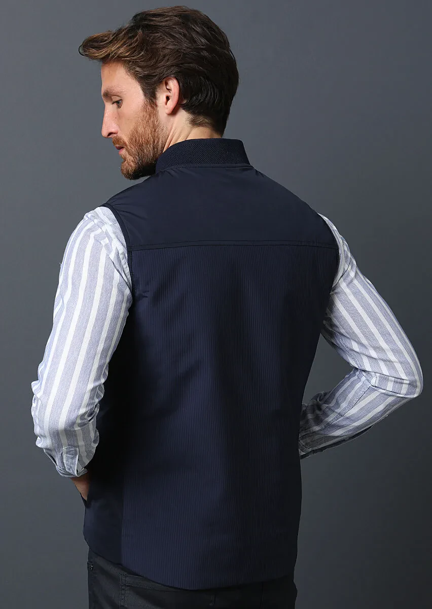 Lacivert Regular Fit Dik Yaka Casual Dokuma Spor Yelek - 5