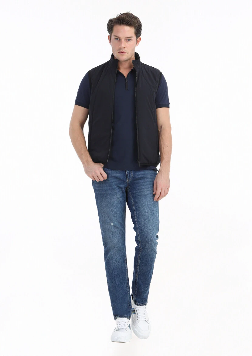 Lacivert Regular Fit Dik Yaka Casual Dokuma Spor Yelek - 1