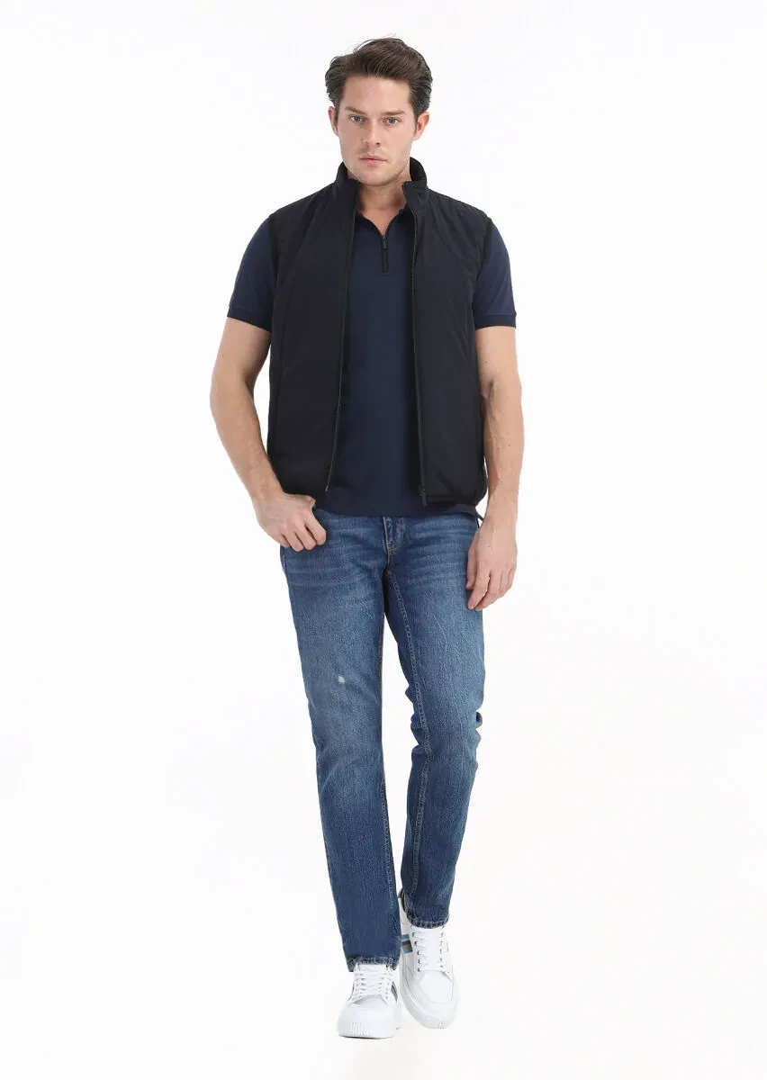 Lacivert Regular Fit Dik Yaka Casual Dokuma Spor Yelek - 1