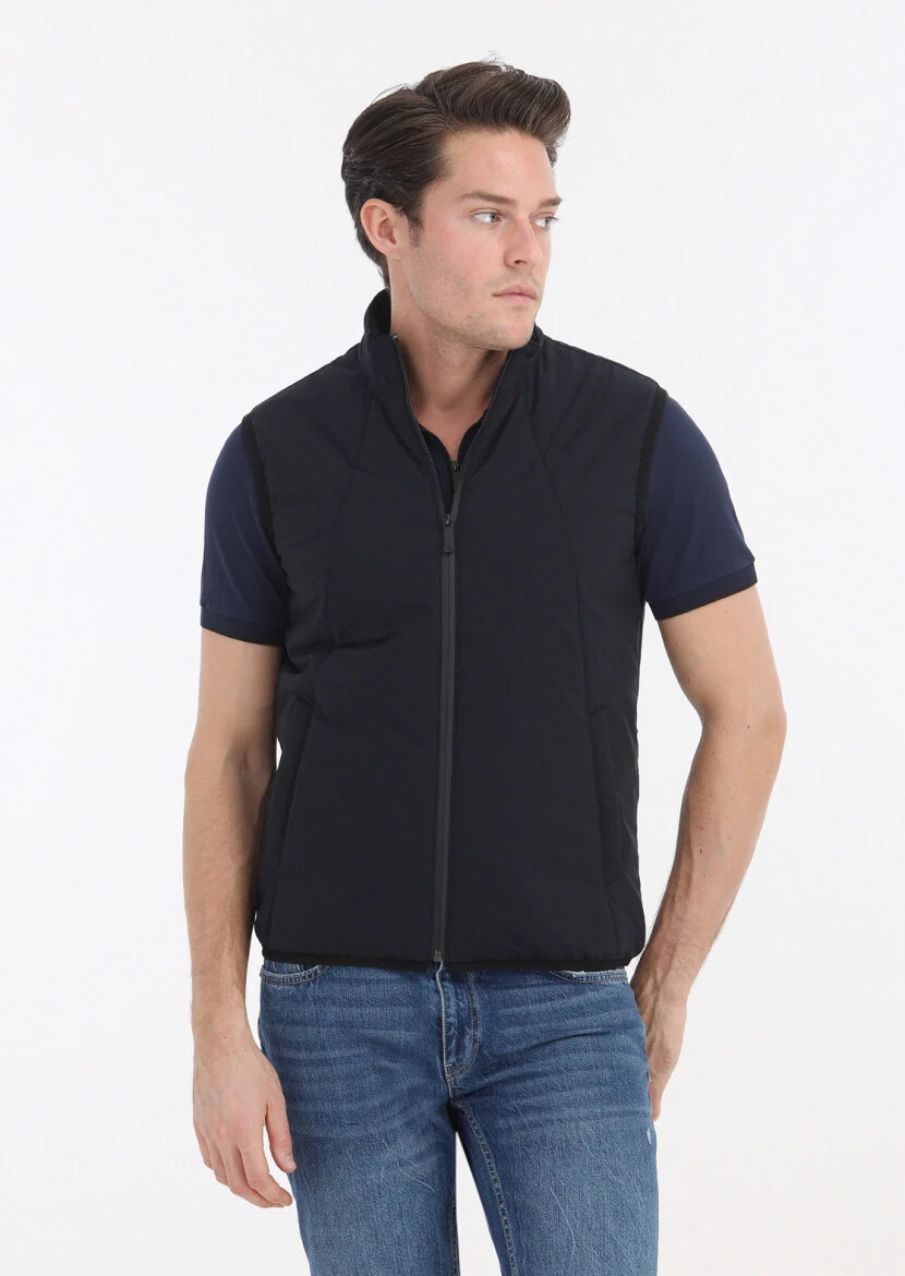 Lacivert Regular Fit Dik Yaka Casual Dokuma Spor Yelek 