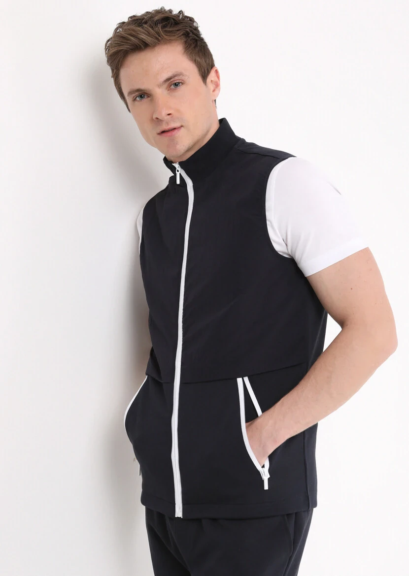 Lacivert Regular Fit Dik Yaka Casual Örme Spor Yelek - 1