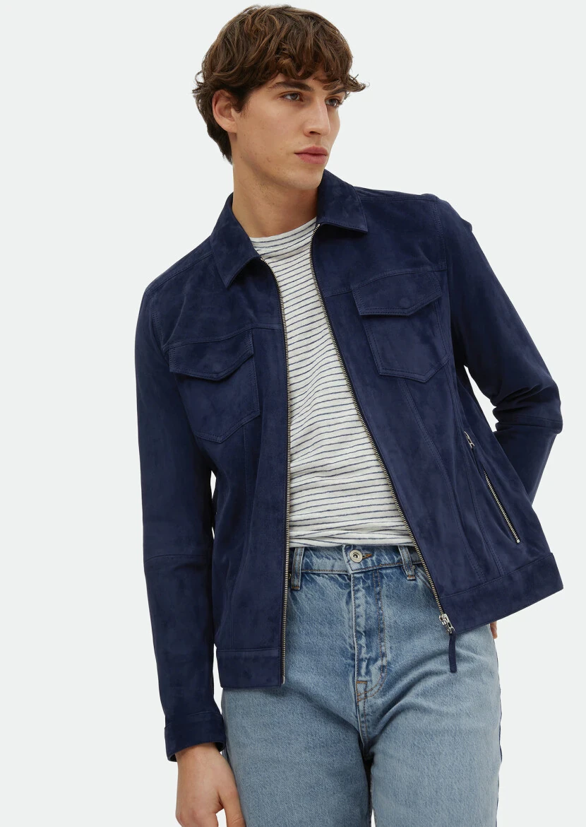 Lacivert Regular Fit Dik Yaka Casual Süet Deri Mont - RAMSEY